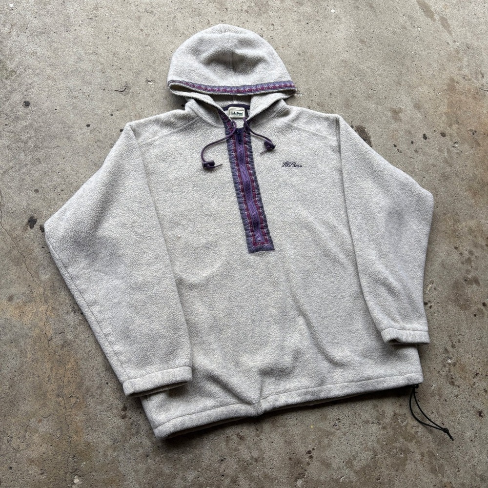 Vintage LL Bean Fleece Hoodie Aztec Snowflake Trim 1/4 Zip Pullover Beige Large